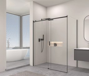 Erga Lynn, tolóajtós zuhanykabin 150 (ajtó) x 90 (fal) x 195 cm, 8mm átlátszó üveg, fekete profil, ERG-V02-LYNN-D150G090-CL-BK