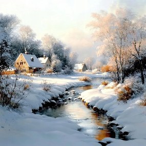 Vászonkép Canvas Tájkép Tél Hó Falu Folyó Patak 40x40
