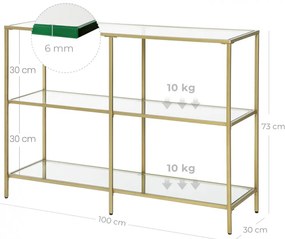 Konzolasztal polcokkal edzett üveglappal, arany 100x30x73cm