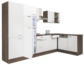 Yorki 340 sarok konyhabútor yorki tölgy korpusz,selyemfényű fehér fronttal polcos szekrénnyel és felülfagyasztós hűtős szekrénnyel