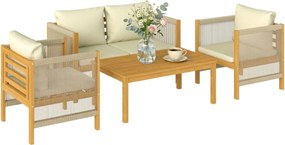 Outsunny 4 részes akácfa kerti ülőgarnitúra 4 főre — 2 személyes kanapé, 2 fotel, dohányzóasztal, mosható párnák, bézs | Aosom