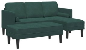Kerti kanapé padokkal és párnákkal L-alakú sötét zöld bársony, 3-Fős kanapé lábváltozattal sötét zöld 160 cm bársony, Pad sötét zöld 113x57x39 cm bársony