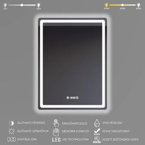 Álló fürdőszobai LED tükör 60x80cm | Óra - Fényerő és színhőmérséklet szabályozás | Welland Type20V