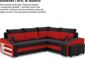 Grande sarokkanapé polcokkal és puffokkal , polc a bal karfaban puffok a jobb karfaban, jobboldali, szövet anyag, bonell töltet, fekete - piros