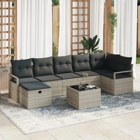 8 Darabos Kültéri Kanapészett Párnákkal Világosszürke Poli Rattan, 2-Fős Kerti Kanapé Párnákkal Szürke Poli Rattan