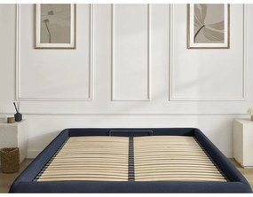 Sötétkék kárpitozott ágyneműtartós-ágytámla nélkül franciaágy ágyráccsal 180x200 cm Inera – Bobochic Paris