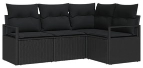 4 darabos Kerti Kanapészett Párnákkal Fekete Poli Rattan, 2 személyes Kerti Kanapé Párnákkal Fekete Poli Rattan