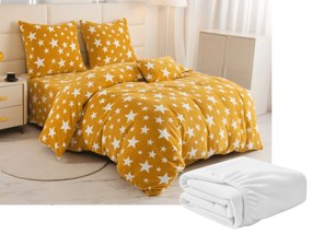 2 db mikroplüss ágyneműhuzat STARS sárga-narancssárga + mikroplüss lepedő SOFT 180x200 cm fehér, franciaágyhoz