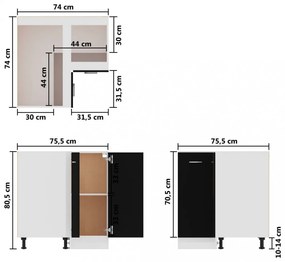 fekete szerelt fa alsó sarokszekrény 75,5 x 75,5 x 81,5 cm
