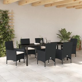 7 részes kerti étkező szett párnákkal fekete polirattannal, Kerti asztal fekete 200x80x73 cm edzett üveggel
