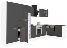Yorki 370 sarok konyhabútor fehér korpusz,selyemfényű antracit front alsó sütős elemmel polcos szekrénnyel, felülfagyasztós hűtős szekrénnyel
