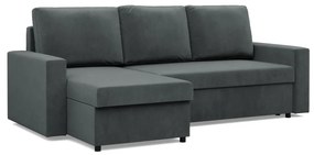 Zeus sarokkanapé, 1 ágyneműtartóval, egyenes kartámasz, bársony, univerzális oldal, hab töltet, szürke