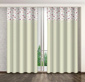 Olajzöld dekoratív függöny rózsaszín és piros rózsákkal nyomtatva Szélesség: 160 cm | Hossz: 250 cm