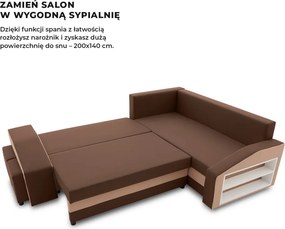 Grande sarokkanapé polcokkal és puffokkal , polc a jobb karfaban puffok a bal karfaban, jobboldali, szövet anyag, bonell töltet, barna