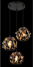 Globo 15759-3HR Függőlámpa, fekete matt fém, aranyszínű fém, fekete patinázott, tiszta akrilkristályok, fekete PVC kábel, ø: 410mm, M: 1500mm, 3x E27 40W 230V izzók nélkül