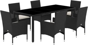 vidaXL 7 részes fekete polyrattan/üveg kerti étkezőgarnitúra párnával