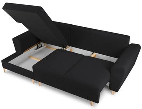 Fekete buklé kinyitható tárolóhelyes sarokkanapé (bal oldali-heverő résszel) Kyoto – Cosmopolitan Design