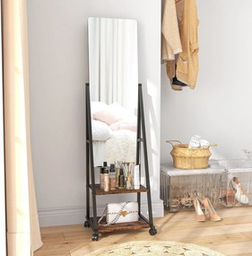 HOMCOM Négyzetes Álló Tükör Teljes Magasságú Görgős Tükör Állítható Szög 2 Polccal és 4 Kerekekkel - méret: 42L x 37W x 155H cm - fekete és rusztikus