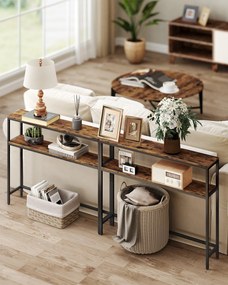 Konzolasztal, 2-szintes, keskeny, rusztikus barna és tintafekete színben