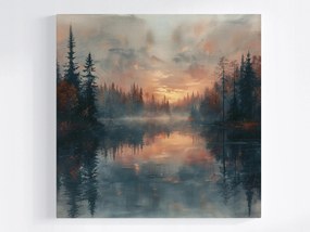 Vászonkép Canvas Tájkép Fák Tó Köd Nyugat Este 80x80