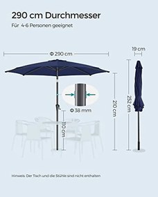 Napernyő teraszra, dönthető, kék, 290 cm átmérő