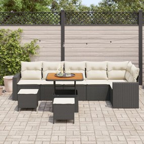 9 részes kert kanapé szett párnás, fekete, poli rattan akác, 3 részes kert étkező szett párnás, fekete, poli rattan akác