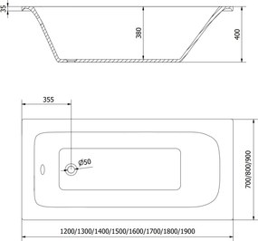 Mexen Vega téglalap alakú kád 170 x 80 cm, fehér - 55011708000