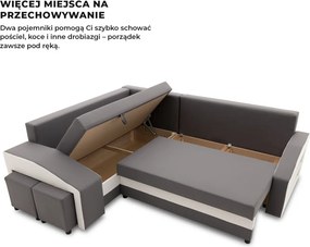 Grande sarokkanapé polcokkal és puffokkal , polc a jobb karfaban puffok a bal karfaban, baloldali, szövet anyag, hab töltet, szürke - fehér