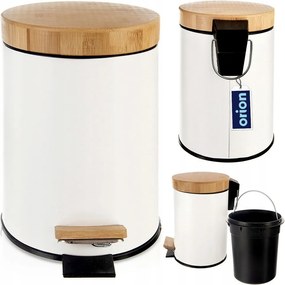 Fém szemetes kuka bambusz fedéllel, fehér, pedálos, vödörrel, fürdőszobai, 3 literes