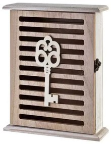Fa fali kulcstartó szekrény rácsos ajtóval, kulcs dekorral - 28x6x19,5 cm
