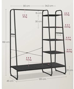 Ruhatároló, ruhaakasztó, 5 szintes polccal, 6 akasztóval, ?45 x 120 x 160 cm, fekete