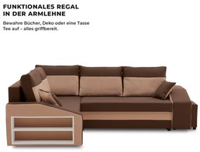 Grande sarokkanapé polcokkal és puffokkal , polc a bal karfaban puffok a jobb karfaban, baloldali, szövet anyag, bonell töltet, barna