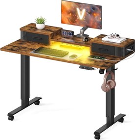 Magasságállítható elektromos íróasztal led világítással(7 szín), 60 x 120 cm, vintage barna/fekete