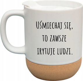 Fehér Bögre Fedéllel És Parafa Aljjal Ajándék Mosolygós