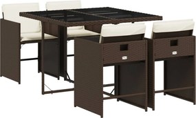 vidaXL 5 részes barna polyrattan kerti étkezőgarnitúra párnákkal