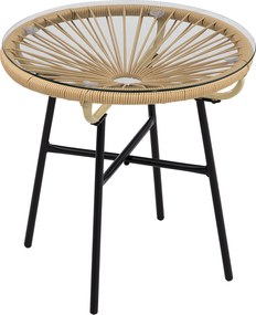 Outsunny Bézs Színű, Kerek PE Rattan Kávézó Asztal Üveglapos Tálcával - Kerti Asztal, Terasz Bútor, Bútor Asztal, Bistro Asztal, 50 x 50 x 50 cm | Aos