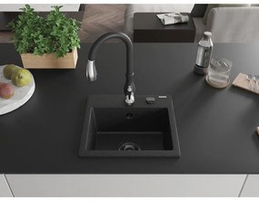 Mexen Milo, 1 kamrás gránit mosogató 435x410x171 mm és Savita mosogató csaptelep, fekete-ezüst metál, 6505-73-672601-70-B