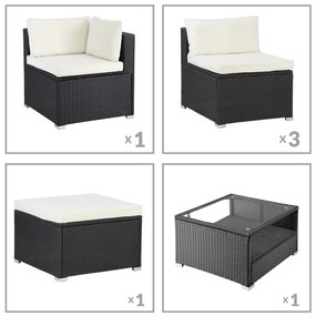 Casaria® Kerti rattan szett Rouen - fekete/krém párnák