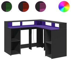 fekete szerelt fa íróasztal LED-világítással 130 x 130 x 91 cm