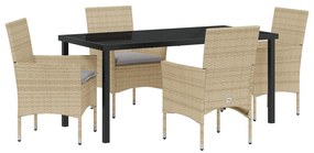 5 db-os Kerti Étkező Szett Párnázott Bézs Poli Rattan, Kerti Asztal Fekete 160x80x73 cm Edzett Üveg