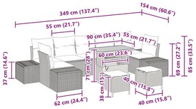 10 darabos kert kanapé szett párnákkal Bézs poly rattan akácia, 2 személyes kert kanapé párnákkal Bézs poly rattan, 3 darabos kert étkező szett párnákkal Bézs poly rattan akácia