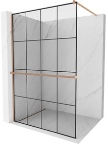 Mexen Kioto+, Walk-In zuhany paraván polccal és akasztóval 140 x 200 cm, 8 mm átlátszó üveg fekete mintás, réz matt profil, 800-140-121-65-77