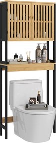 Kleankin WC fölé akasztható fürdőszobai szekrény 2 ajtós szekrénnyel és nyitott polccal 60L x 21.5W x 172H cm bambusz - Természetes fa és fekete | Aos