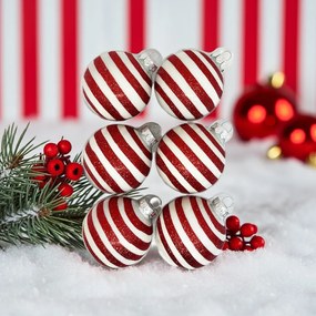 Red Glitter Stripe kézzel festett fehér-piros üveg karácsonyi gömb szett 6*7cm