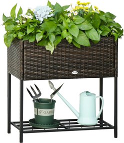 Outsunny Függő Kertágy, Wicker Virágtartó Polccal, Emelt Virágágy Kültérre és Beltérre, Barna (70cm x 30cm x 70cm) | Aosom