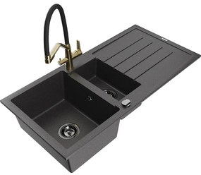 Mexen Andres 1,5 rekeszes, csepptálcás gránit mosogató Duo konyhai csappal, fekete pöttyös - 6515-76-671701-57-B