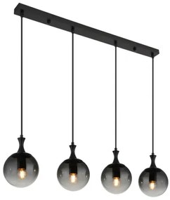 Globo 15885-4H Függeszték fém fekete matt, füstszínű üveg búra, fekete PVC kábel, magassága lerövidíthető, HxSzxM: 900x150x1300mm, 4x E27 ILLU 10W 230V izzók nélkül