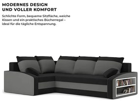 Grande sarokkanapé polcokkal , polc a jobb karfaban, baloldali, szövet anyag, bonell töltet, fekete - szürke