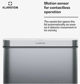Klarstein Touchless, szenzoros szemétkosár, 50 l, rozsdamentes acélból, Soft-Close záródás, elemes, LED kijelző, időzítő