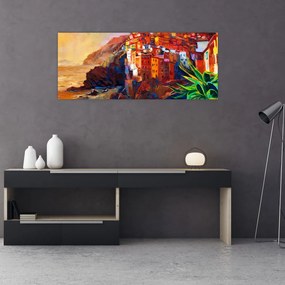 Kép - Falu Cinque Terre partján, az olasz riviérán, modern impresszionizmus (120x50 cm)